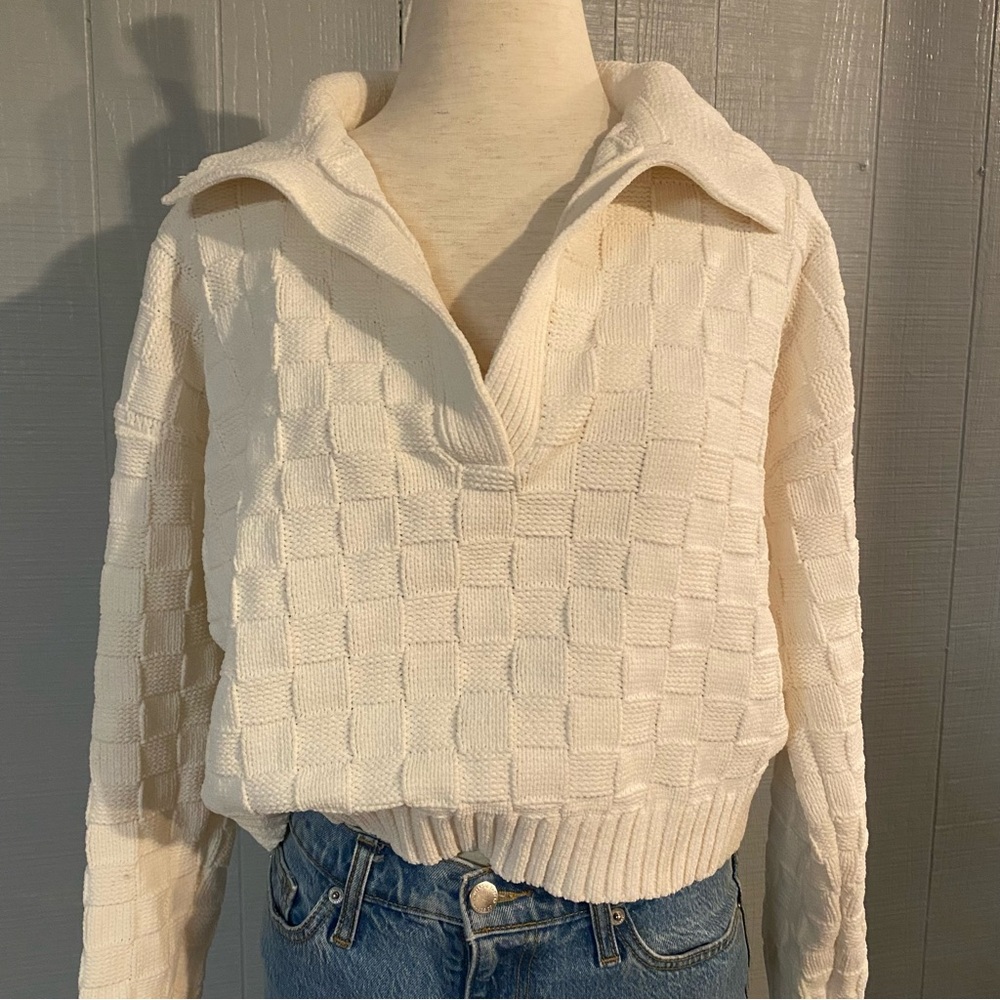 Abercrombie Fitch Checkerboard Stitch Notch-Neck Sweater Grandpa core XSmall